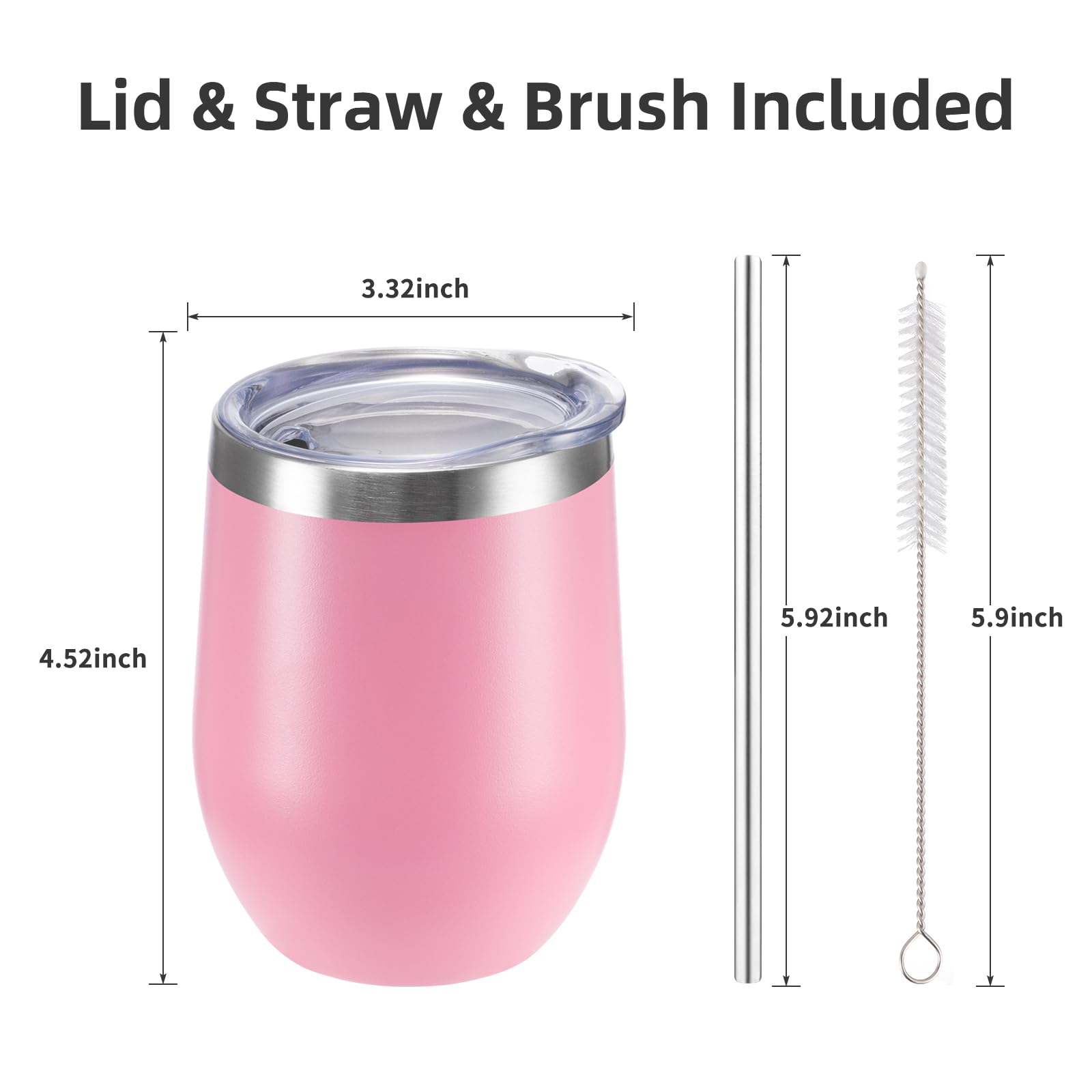 Isolierter Weinbecher mit Deckel und Strohhalm, Edelstahl, ohne Stiel, doppelwandig, Vakuum-Weinbecher, Becher für Kaffee, Champaigns, Bier, Cocktail, Büro, 340 ml, Rosa, 8 Stück