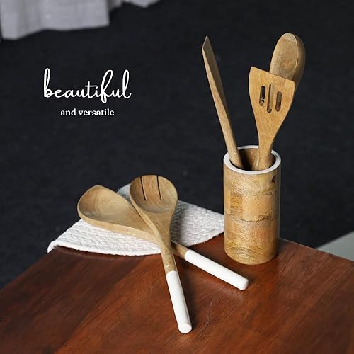 Miniatura 6 de The Art Box Juego de 5 cucharas de madera para cocinar, cuchara de esquina maciza de madera natural, espátula ranurada, utensilios de cocina,