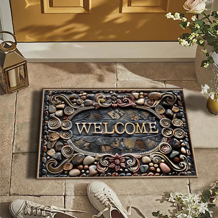 Image of Welcome Doormat for Home Entrance | Non-Slip Rectangular Front Door Mat with Stone & Floral Design | Stylish Indoor Outdoor Dustproof Rug for Entryway, Porch & Living Room Decor