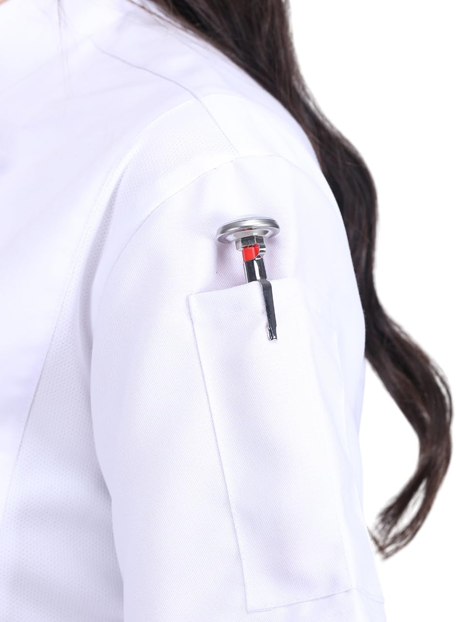 Short Sleeves Zipper Closure Chef Coat Jacket Uniform for women with Side Mesh ideal for Caterers and Culinary professional