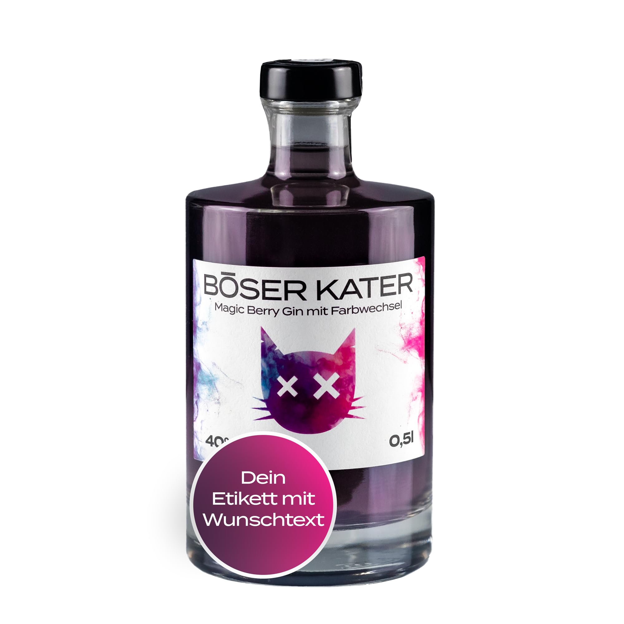 Böser Kater Magic Berry Gin, Farbwechsel-Effekt von Violett zu Pink, Personalisierte Flasche mit eigenem Wunschtext, Das perfekte Geschenk, Fruchtiger Geschmack, Der Katzen Gin, 0,5 l - 40% Vol.