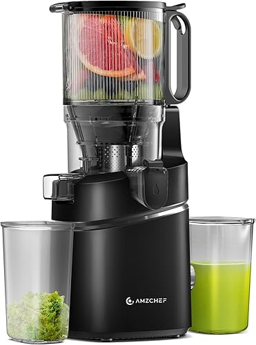 AMZCHEF - Exprimidor automático de 5.3 pulgadas, apto para frutas y verduras enteras, exprimidor eléctrico de prensa en frío con alto rendimiento de