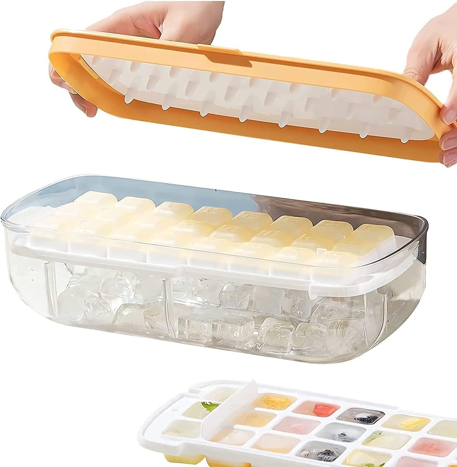 48 Nugget Silicone Ice Tray With Lid And Bin Ice Block Container Press Ice Cube Maker Ice Cube Trays - One Second Release All ice Cubes ce Mould Double Layer Creative Ice Storage Quick -(yellow)