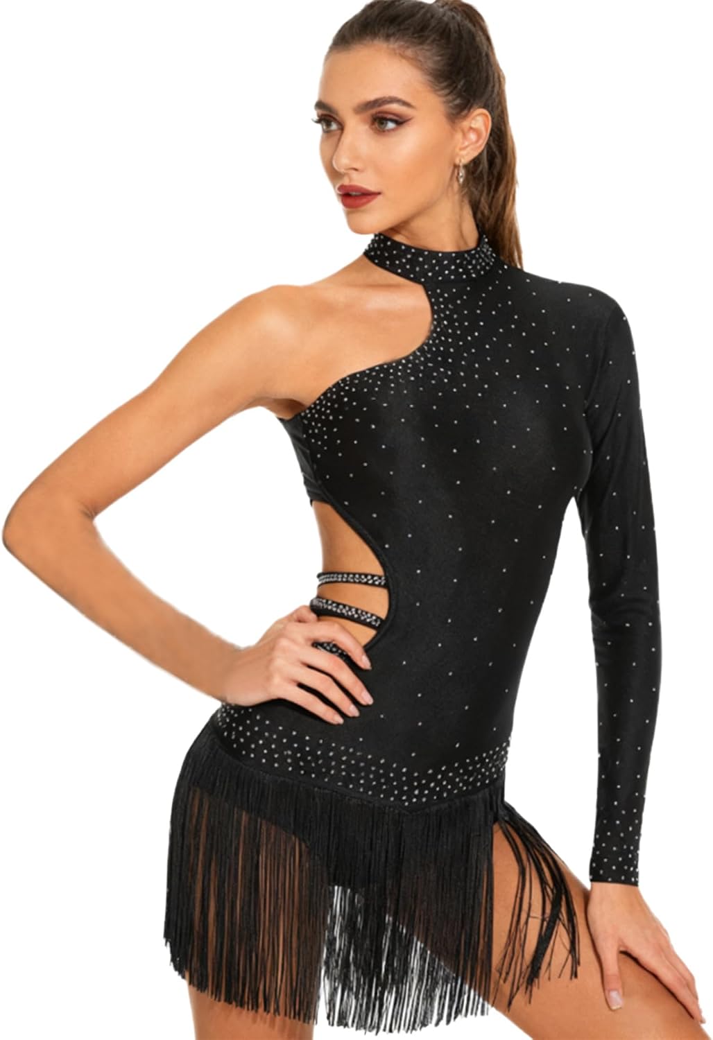 Women Latin Jazz Dance Leotard Single Long Sleeve Strappy Backless Tassel Bodysuit Ballroom Dancewear