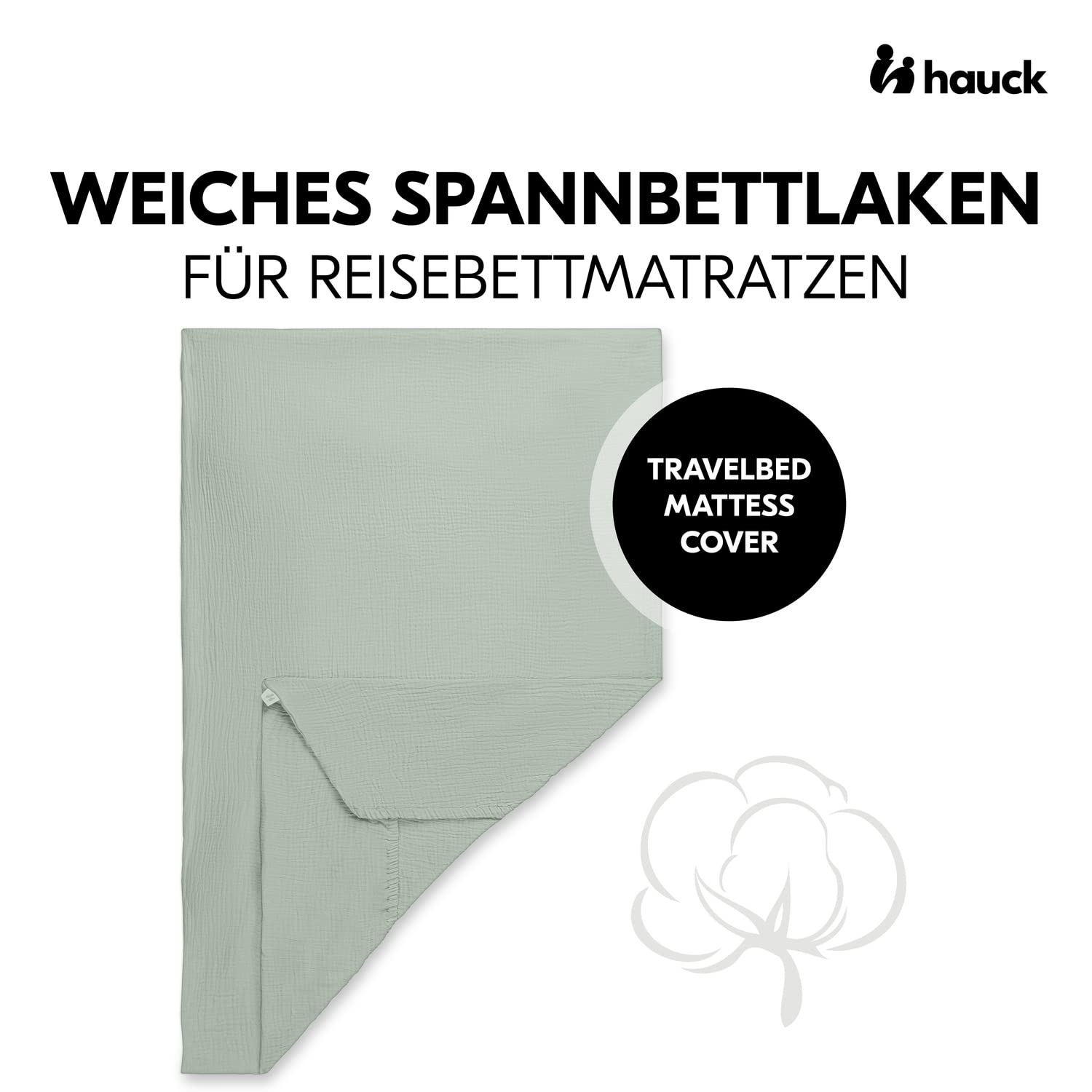 hauck Baby Spannbettlaken 60x120 cm für Reisebettmatratzen, Baby Matratzenbezug Baumwolle Musselin, 60° C Maschinenwäsche, Babybettlaken mit Gummizug (Sage)