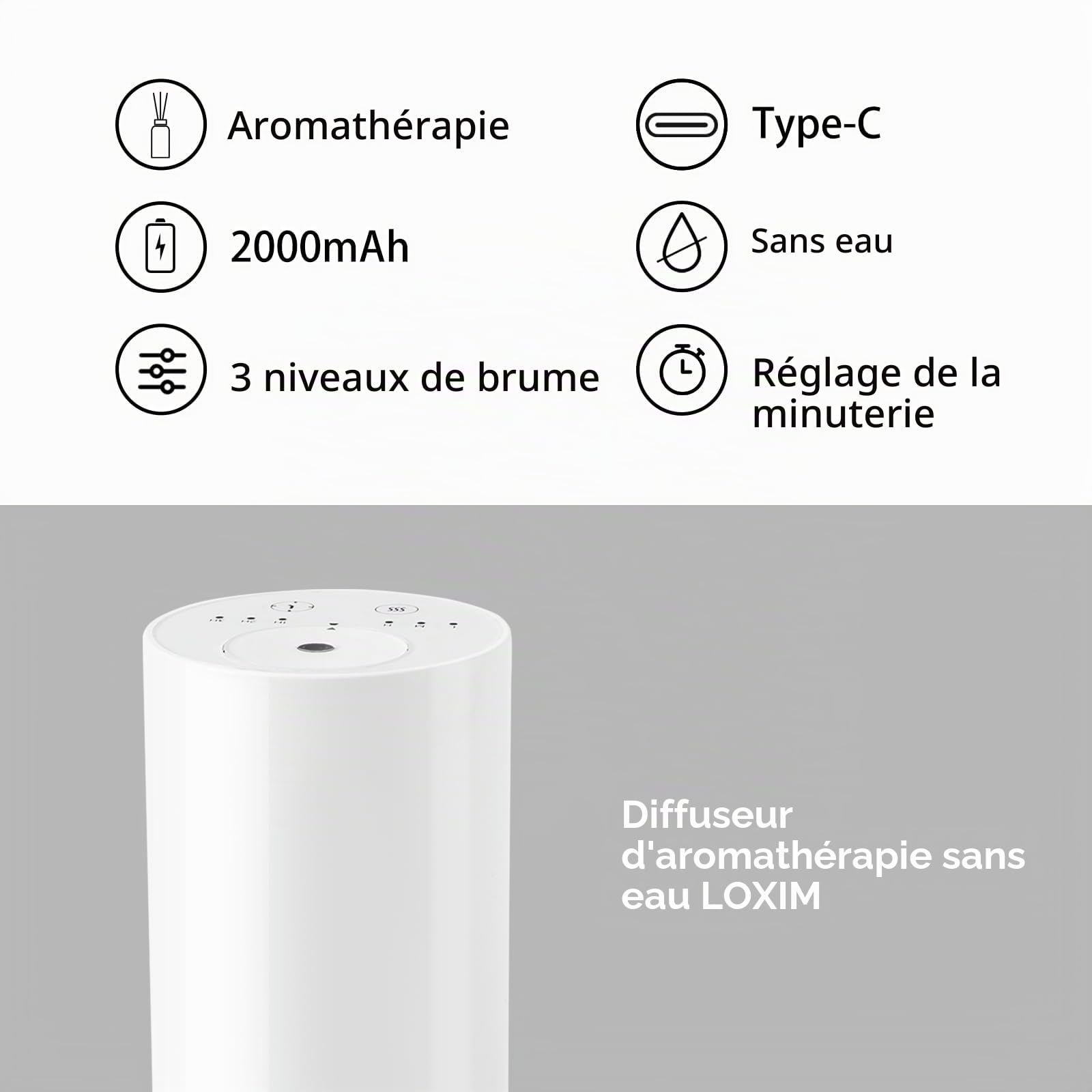 LOXIM Diffuseur d'arômes sans fil à menthe poivrée, huiles essentielles, parfum intérieur de voiture avec batterie, 3 brumes froides, 3 minuteries 1/2/3H