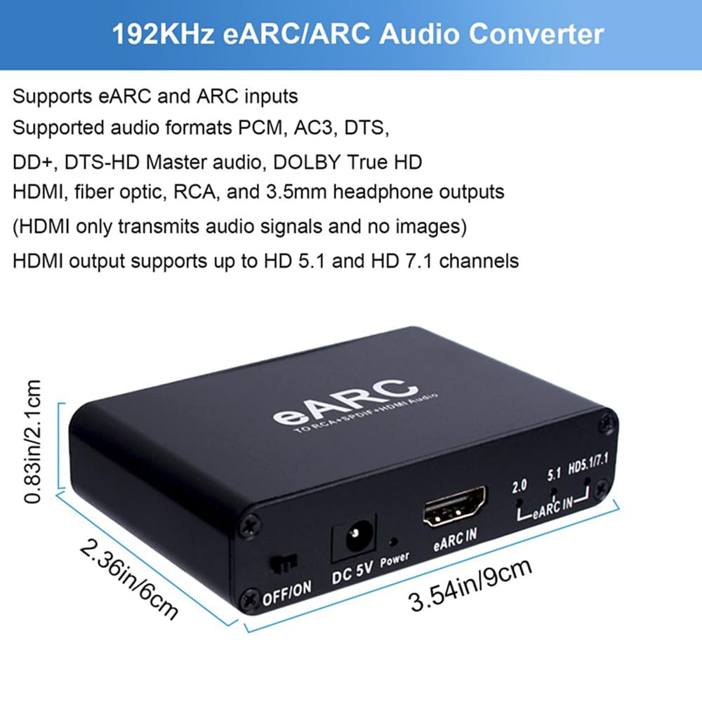 HDMI eARC ARC Audio Converter,24bit/192KHz Audio Sampling Rate,ARC Audio Return, HD 5.1 und HD 7.1 Kanäle,RCA 3.5mm Audio Converter,Unterstützt eARC & ARC Eingänge