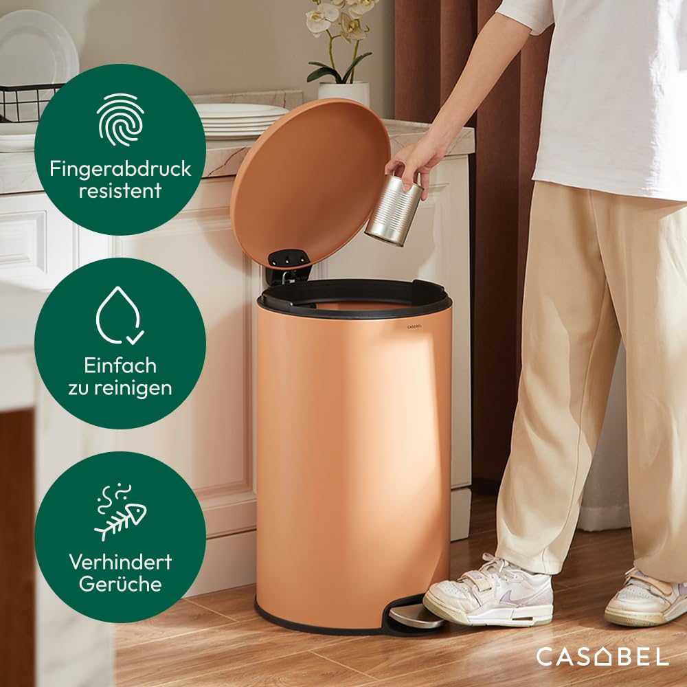 CASABEL runder Küchenabfalleimer 50L, Edelstahl, Terrakotta | Pedalöffnung, Soft-Close, fingerabdruckresistenter Edelstahl, Beutelhaltering, Tragegriff, pflegeleicht