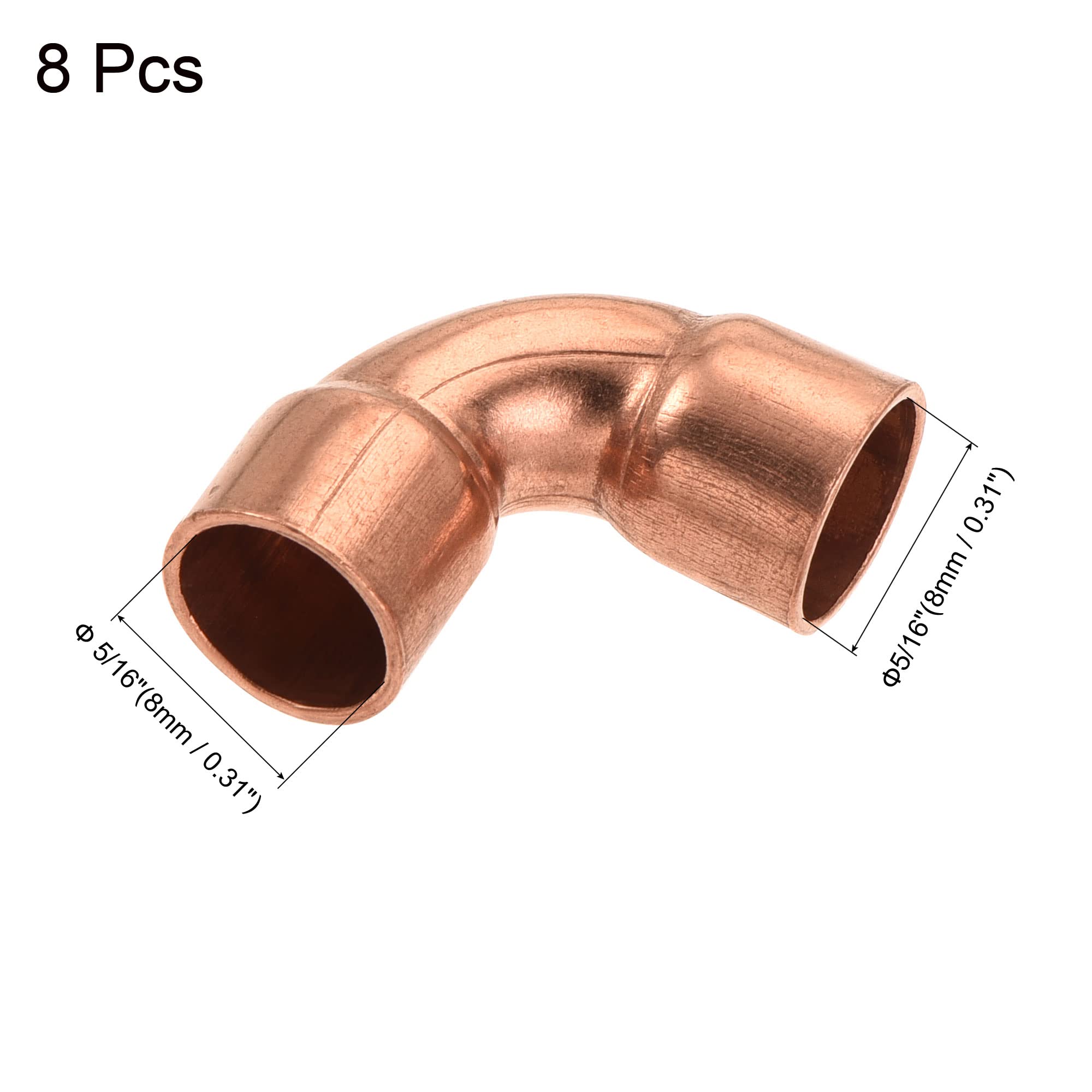 1/4 Inch Copper Elbow Fittings - 90 Degree HVAC Joints With Rolled Tube Stops (5-Pack)