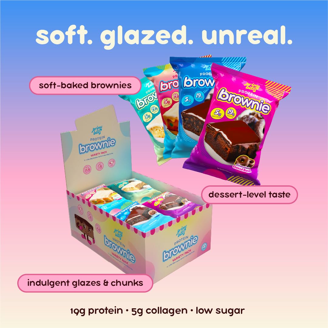 Prime Bites, snack ad alto contenuto proteico per brownie, a basso contenuto di carboidrati, confezione da 12 pezzi | 19 g di proteine, 5 g di collagene, senza glutine, dolcetto a basso contenuto di zuccheri, delizioso snack proteico