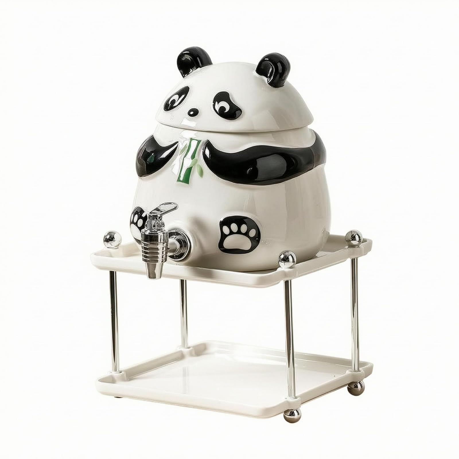 Milageto Getränkespender Panda Wasserspender Tischspender Ausschankgerät mit Auslauf Deckel Schützt Öffnung Dekorative für Küche, 3L Panda Wasserspender Mit Keramikständer