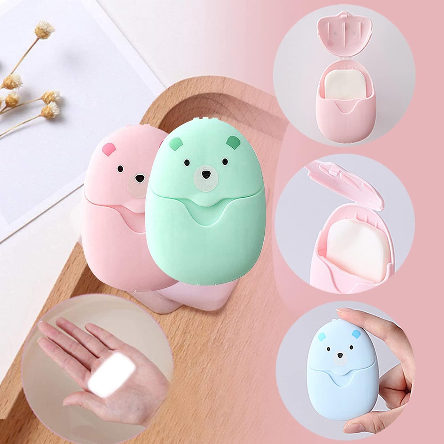 Savon en Papier Jetable, Boîte de 3 Mini Savons en Papier Portables, Savon Jetable Portable Feuille, 150 Feuilles de Savon en Papier Flocons de Savon pour Voyage, Camping(Vert/Bleu/Rose)