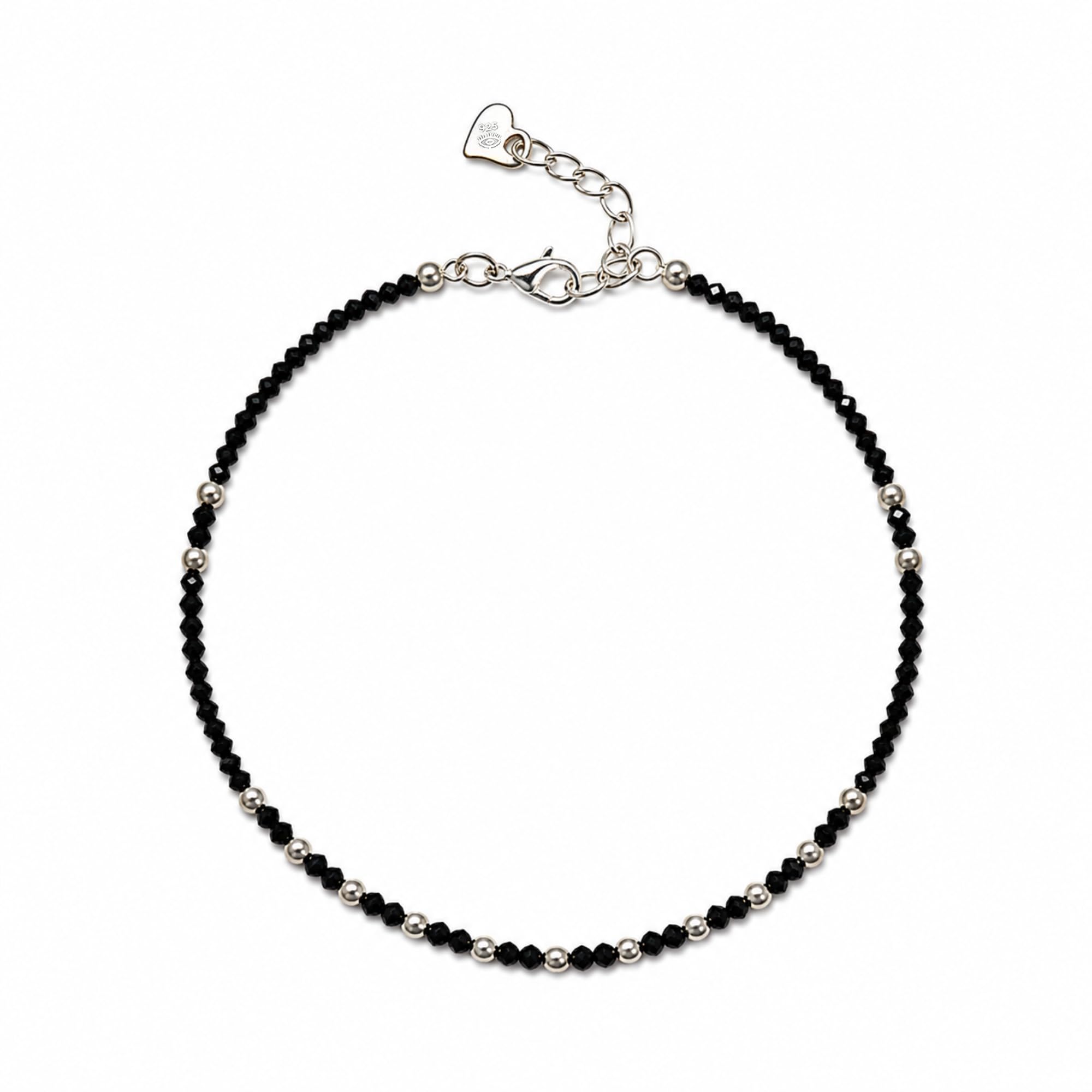 925 Sterling Silver Crystal Black Beads Nazariya Anklet for Women & Girls | Adjustable Hallmarked Silver Payal with Crystal Black Beads & Silver Ball Charms | Elegant Lightweight Daily Wear Anklet-image-23
