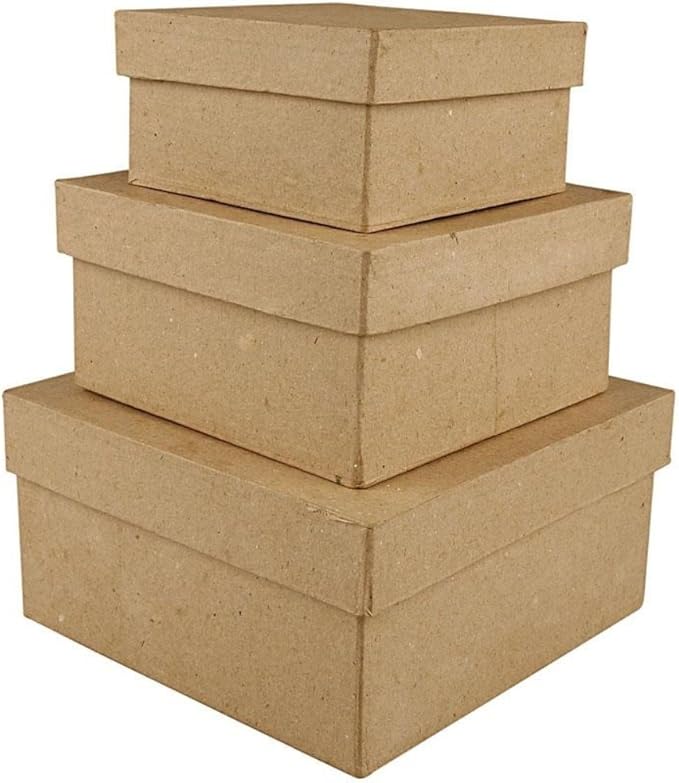 3 Paper Mache Square Stacking Boxes Largest 15x15x7.5cm Papier