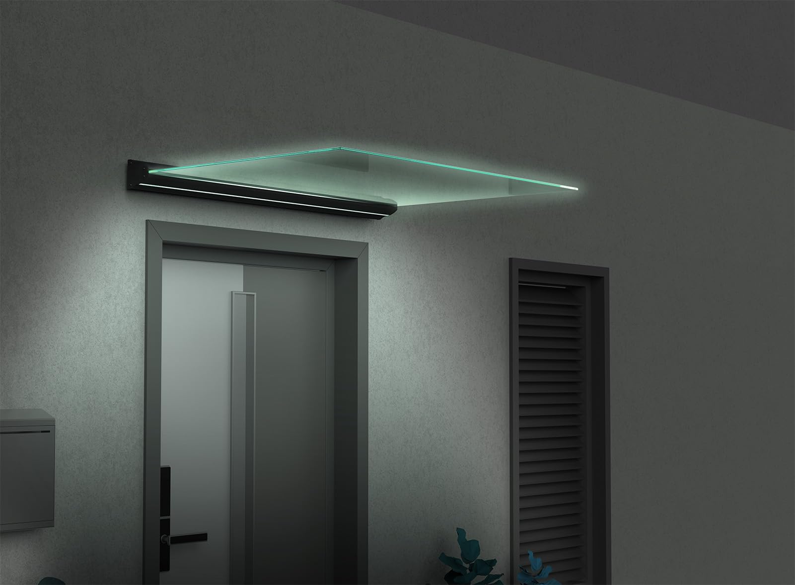 SCHARTEC Glas Vordach mit LED Beleuchtung - Hochwertige Haustür Überdachung mit beleuchteter Glasplatte und Bewegungsmelder - Haustürvordach - Glasvordach