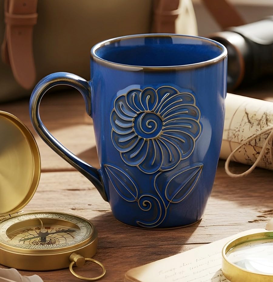 Image of Glossy Blue Embossed Floral Ceramic Tea /Coffee Mug Set of 2 (330 ml) | Microwave & Dishwasher Safe |Premium Ceramic Mugs for Home, Office & Gifting