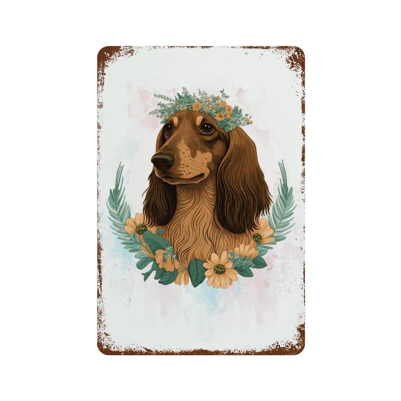 Rust Effect Cute Flower Dachshund Dog Rusty Metal Tin Sign 11.8"x7.9", Rustic Home Decor for Bistro, Counter And Cafe Decor