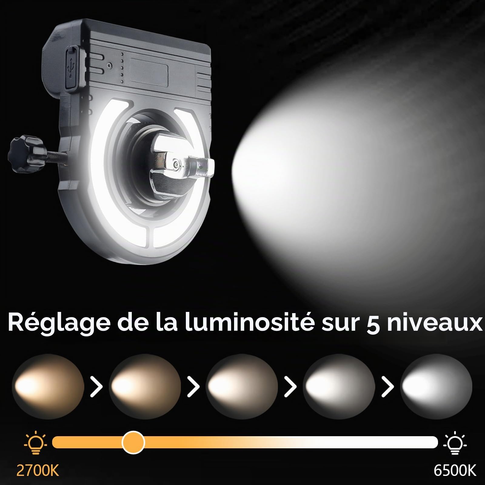 Lampe Led pour Pistolet à Peinture Automobile, 5 Niveaux de Température de Couleur (2700K-6500K) et 500/250 Lumens, Éclairage LED pour Pistolet à Peinture pour Décoration de Voiture et Maison