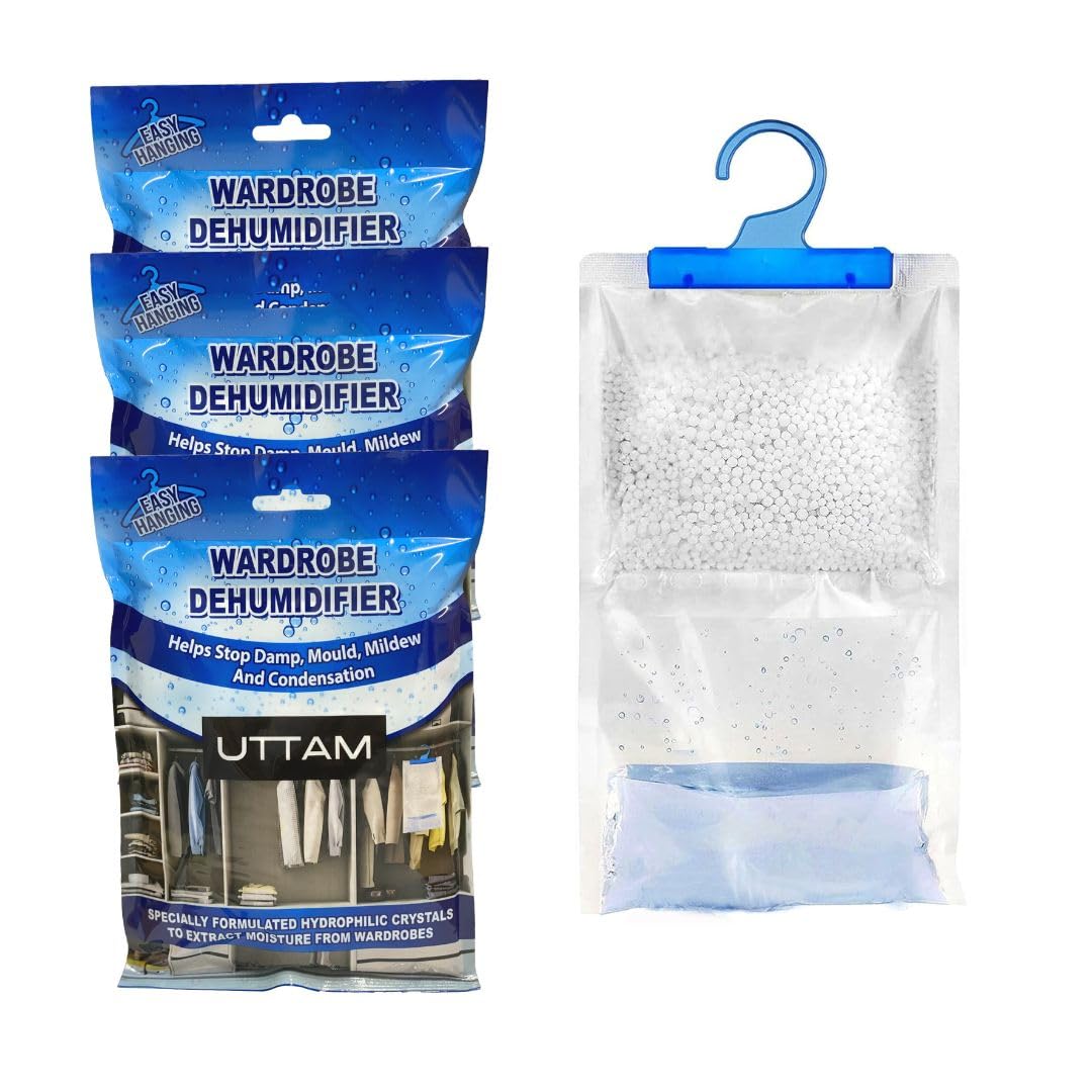 UTTAM Wardrobe Dehumidifier Hanging Bags Bulk Pack, Condensation, Dehumidifiers for Damp, Mould, Moisture Absorbers, Bedroom, Caravan, Bathroom, Basement, Office (210g Each) (Pack of 3)