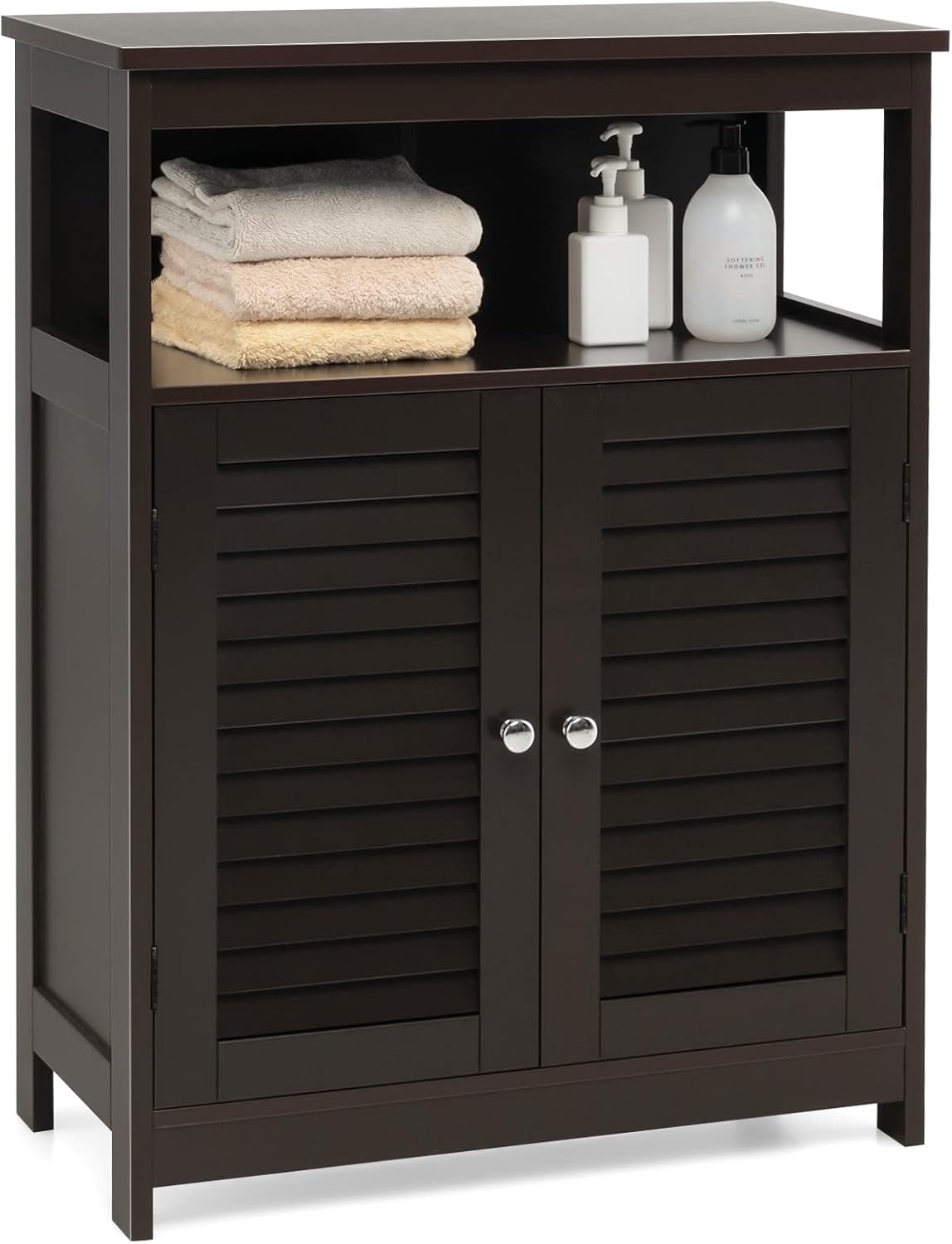 Tangkula Bathroom Floor Cabinet, Wooden Freestanding Storage Cabinet with Double Shutter Door & Adjustable Shelf, Storage Cabinet for Bathroom Living Room (Brown)