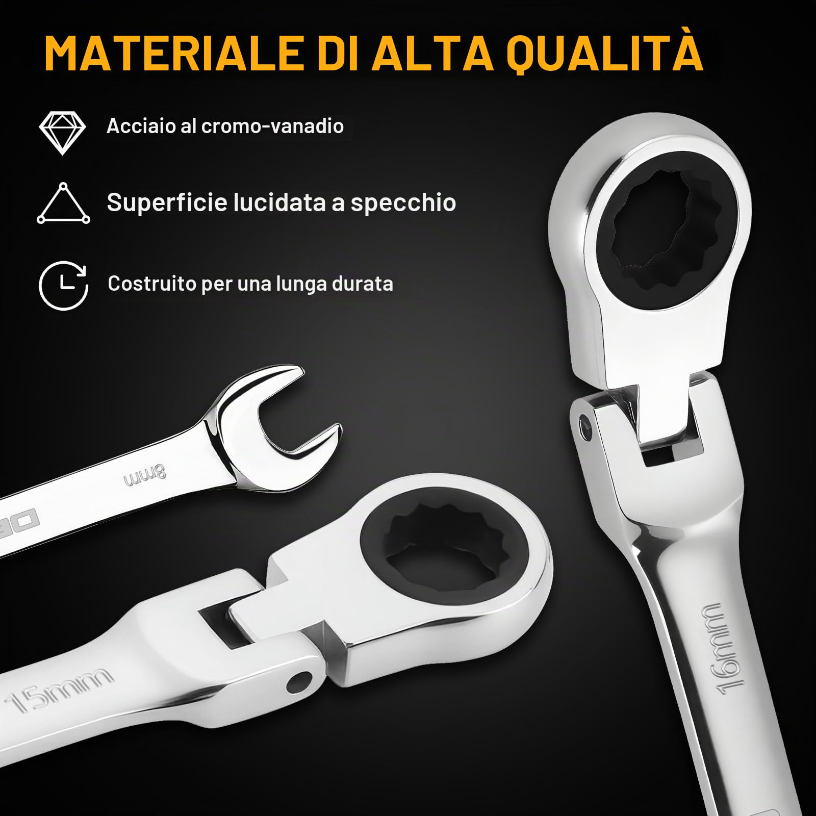 DEKOPRO Set Chiavi a Cricchetto 12 Pezzi, Metrico 8-19mm, Chiavi Inglesi Combinate con Testa Rotante 180°, Attrezzi da Lavoro in Acciaio al Cromo Vanadio per Auto, Bici, Fai da Te