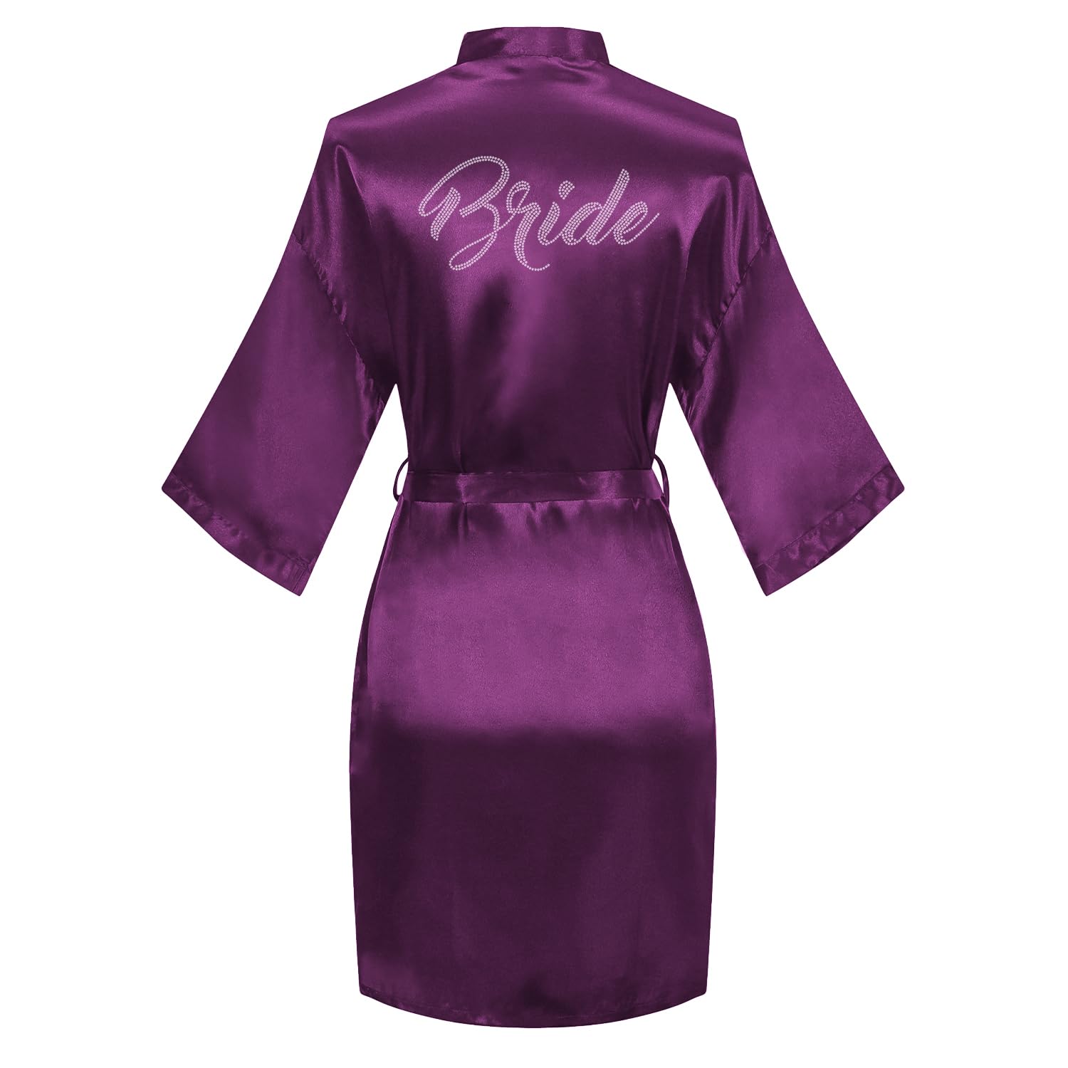 Women's Satin Robe Bride Bridesmaid Short Kimono Robes with Silver Rhinestones for Wedding Party Getting Ready