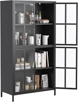 Display Cabinet with Glass Doors and Adjustable Shelves, Metal Storage Cabinet with Adjustable Feet and Anti-Tipping Function, Freestanding Bookcase Bookshelf, Black