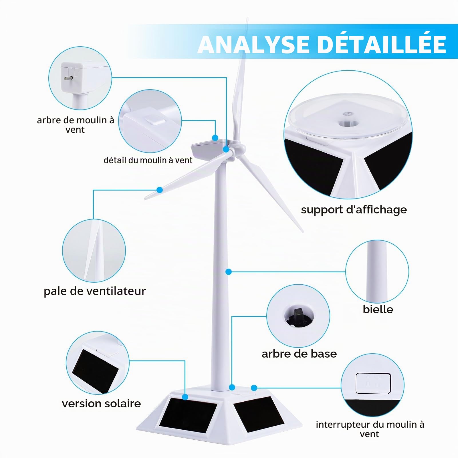 Jadeshay Mini Eolienne Modèle de Moulin à Vent à Énergie Solaire Kit Assemblé Modèle de Moulin à Vent à Énergie Solaire de Bureau pour Outil D'enseignement des Sciences