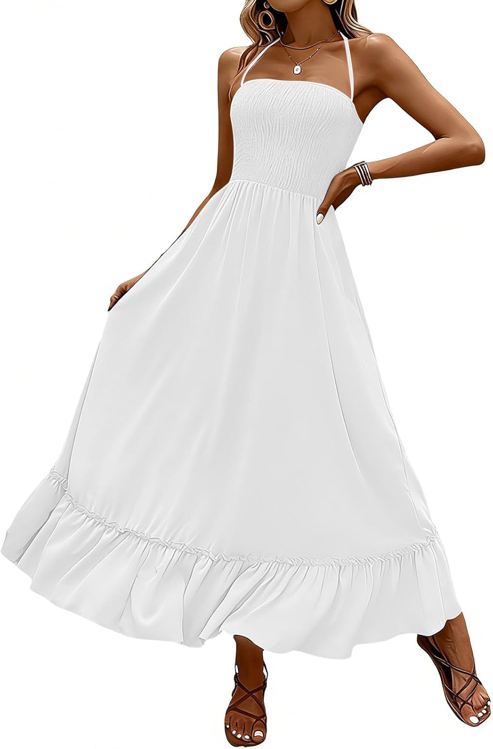 Women's Halter Backless Maxi Dress High Waist Loose Fit Flowy Dresses Elegant Summer Vacation Dresses 2026