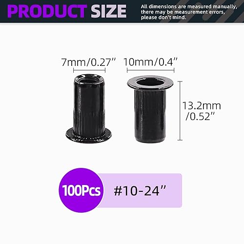 Miniatura 2 de Swpeet Kit de 100 tuercas remachadoras de acero al carbono, SAE UNC #10-24, tuercas remachadoras de acero al carbono chapado en zinc negro, kit de