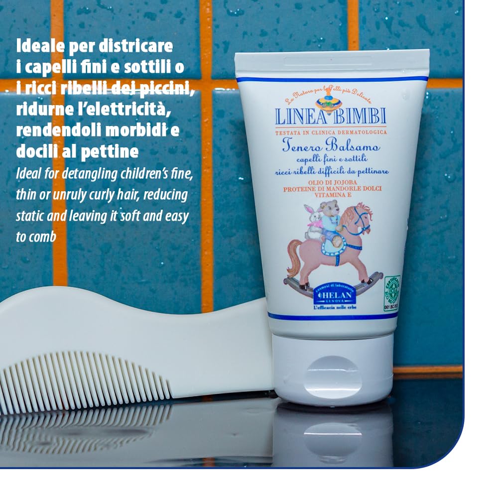 Helan, Linea Bimbi - Balsamo Capelli Ricci e Difficili da Pettinare Bambini, Districante Capelli Fini e Sottili Bambino e Bambina con Olio di Mandorle Dolci e Jojoba, Senza Parabeni e Siliconi - 50 ml