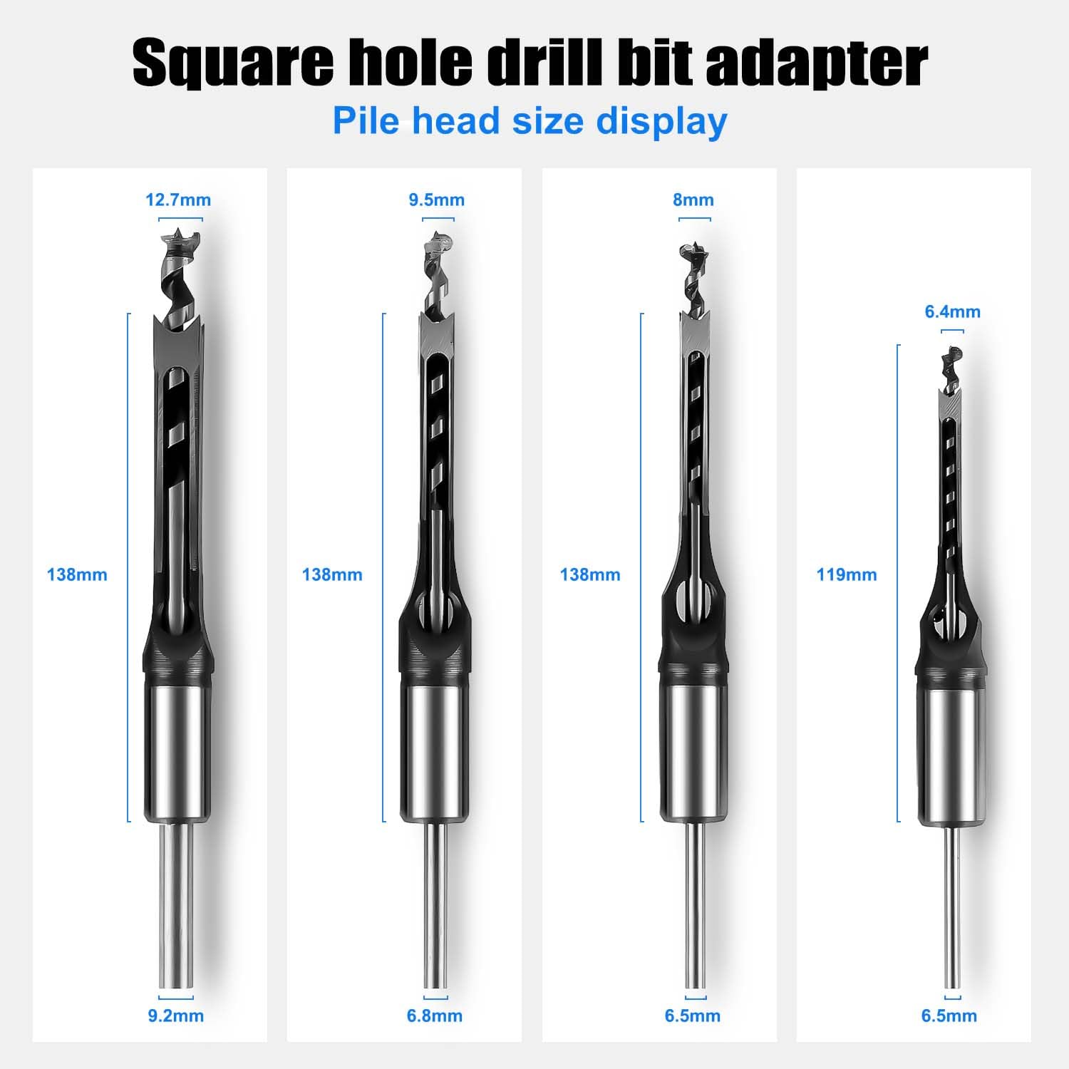 Square Hole Drill Bit Adapter and Square Hole Drill Bit Set for Wood Mortising Attachment Drill Press Hollow Chisel Mortise Drill Tool for Mortise Machine