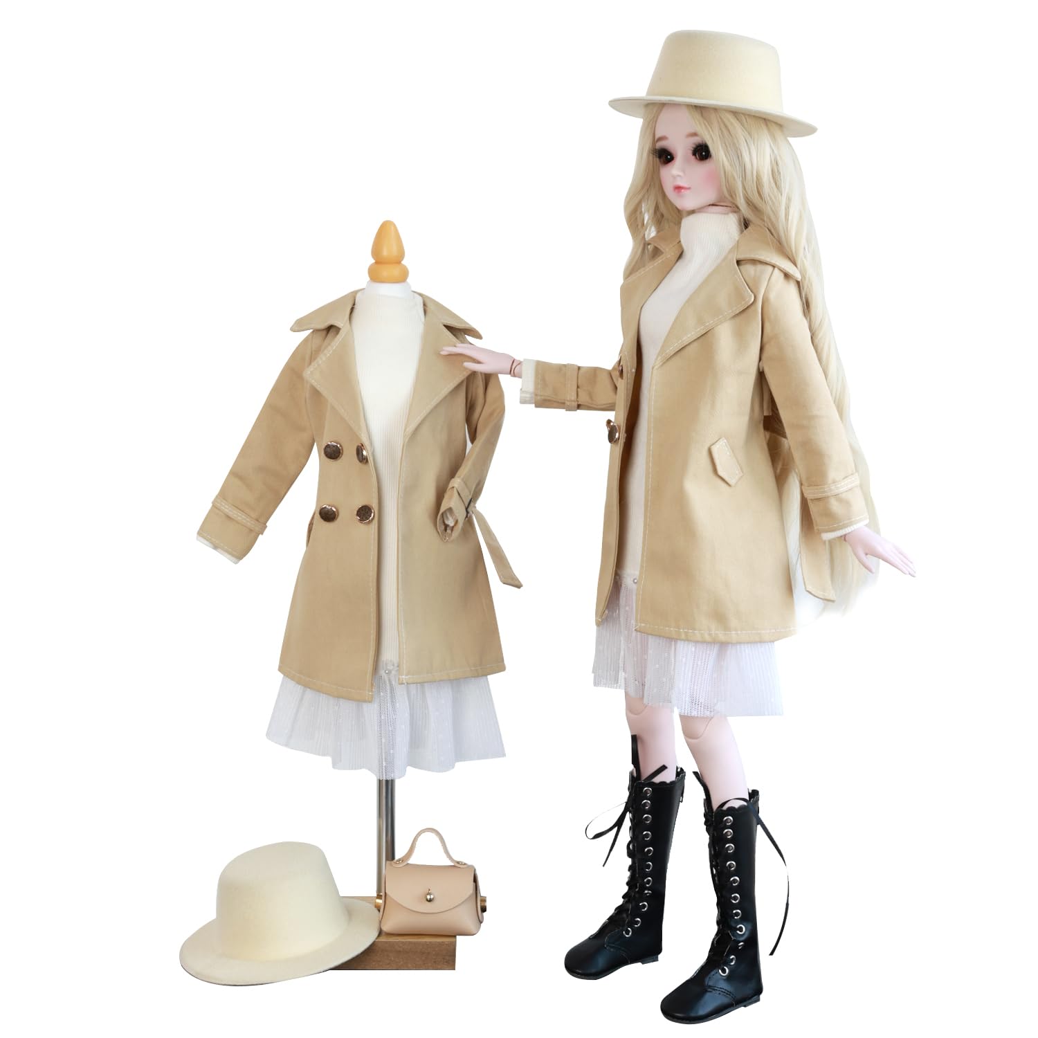 Set cappotto BJD 1/3 - Cappotto medio lungo con abito bianco, cappello e borsa per adulti BJD (cachi, viola) (cachi)