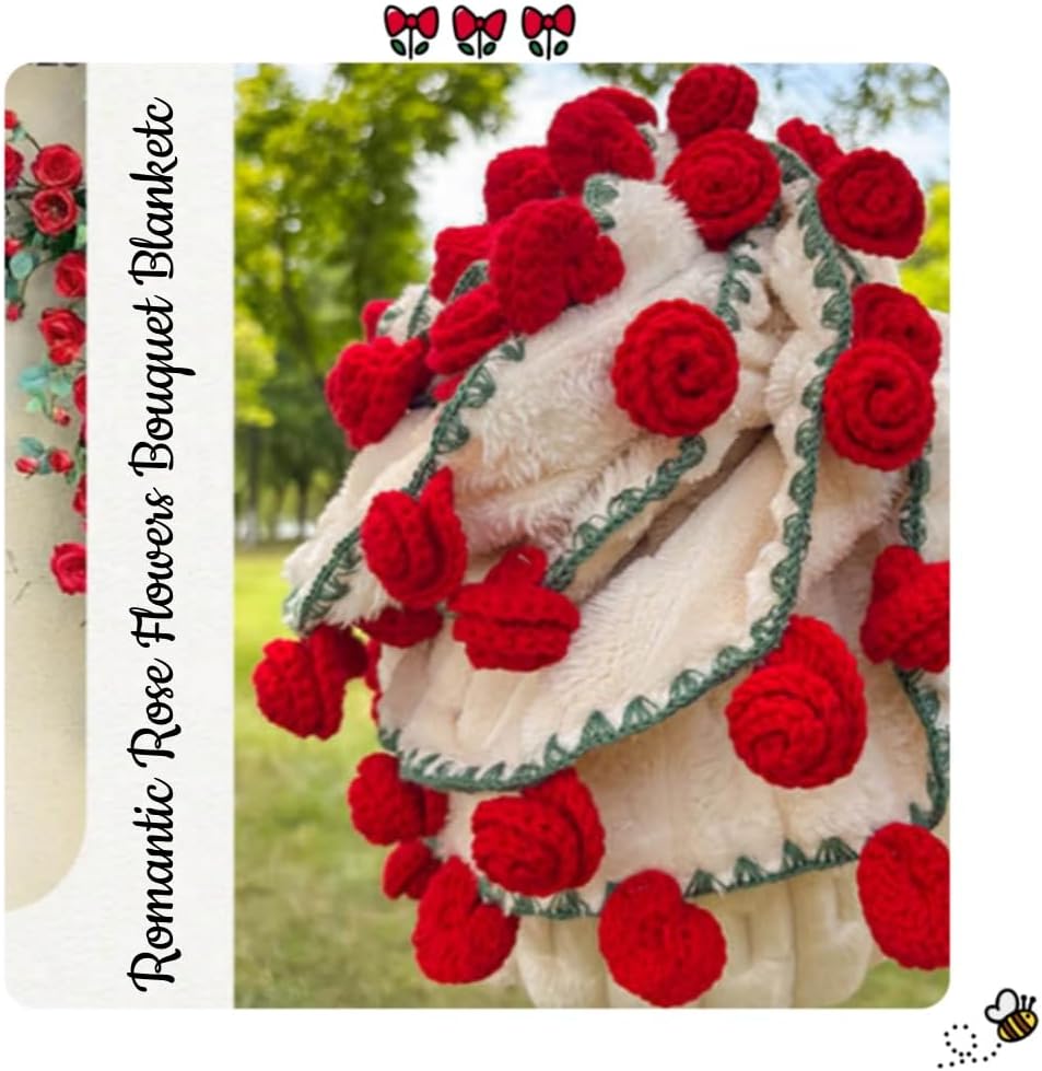 Rose Flower Blanket, Round Floral Blankets Plush Flannel Rose Bouquet Throw Blanket Finished, Romantic Red Roses Flower Theme Gifts for Birthday, Wedding, Home Decor (Red, 78.7x78.7 Inches)