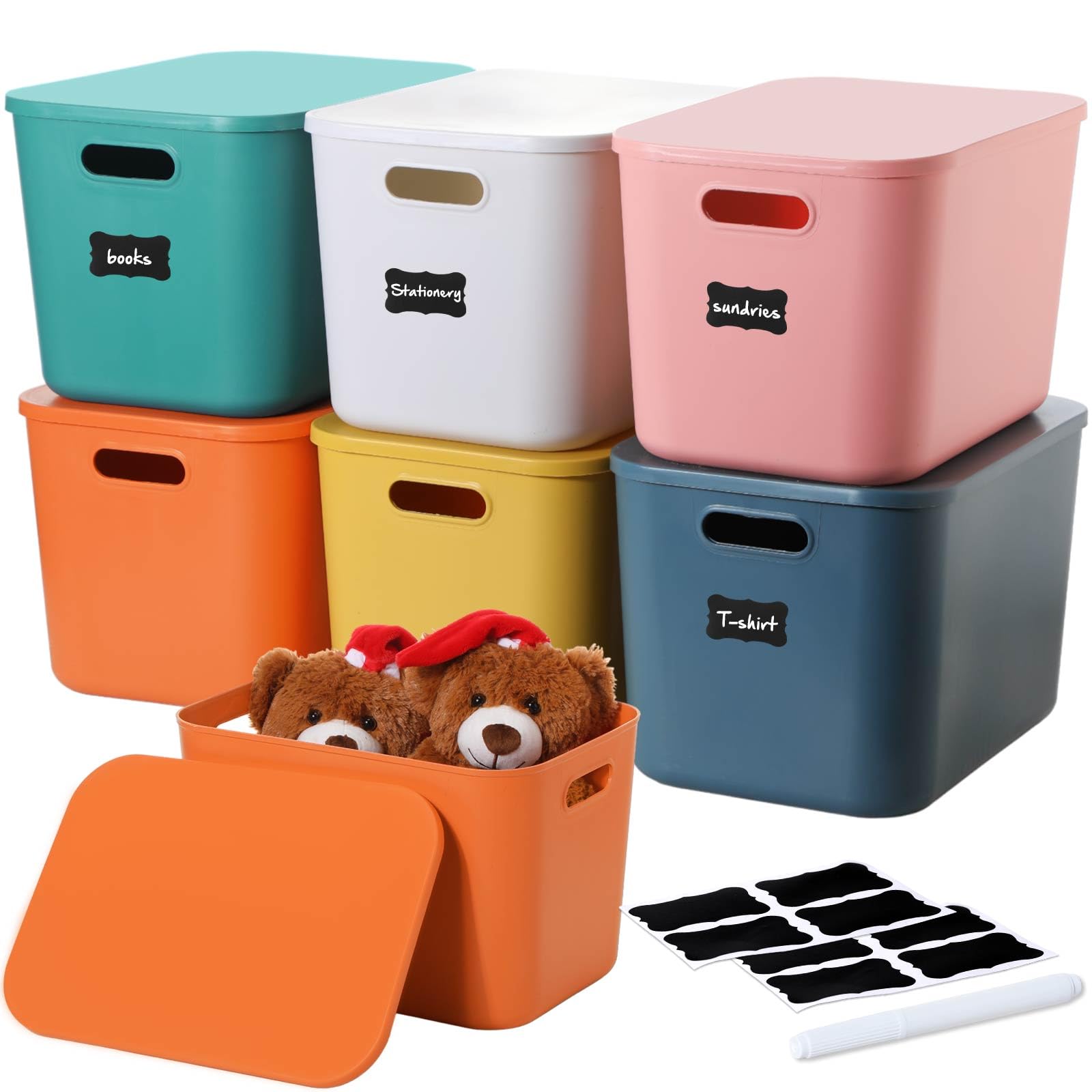 Thyle 6 Pcs 14 In Colorful Plastic Storage Bins 6 Colors Stackable Large Capacity Plastic Desktop Storage Box with Handles Lids, Labels and Marker for Office Classroom Cabinet (14 x 10 x 9 Inch)