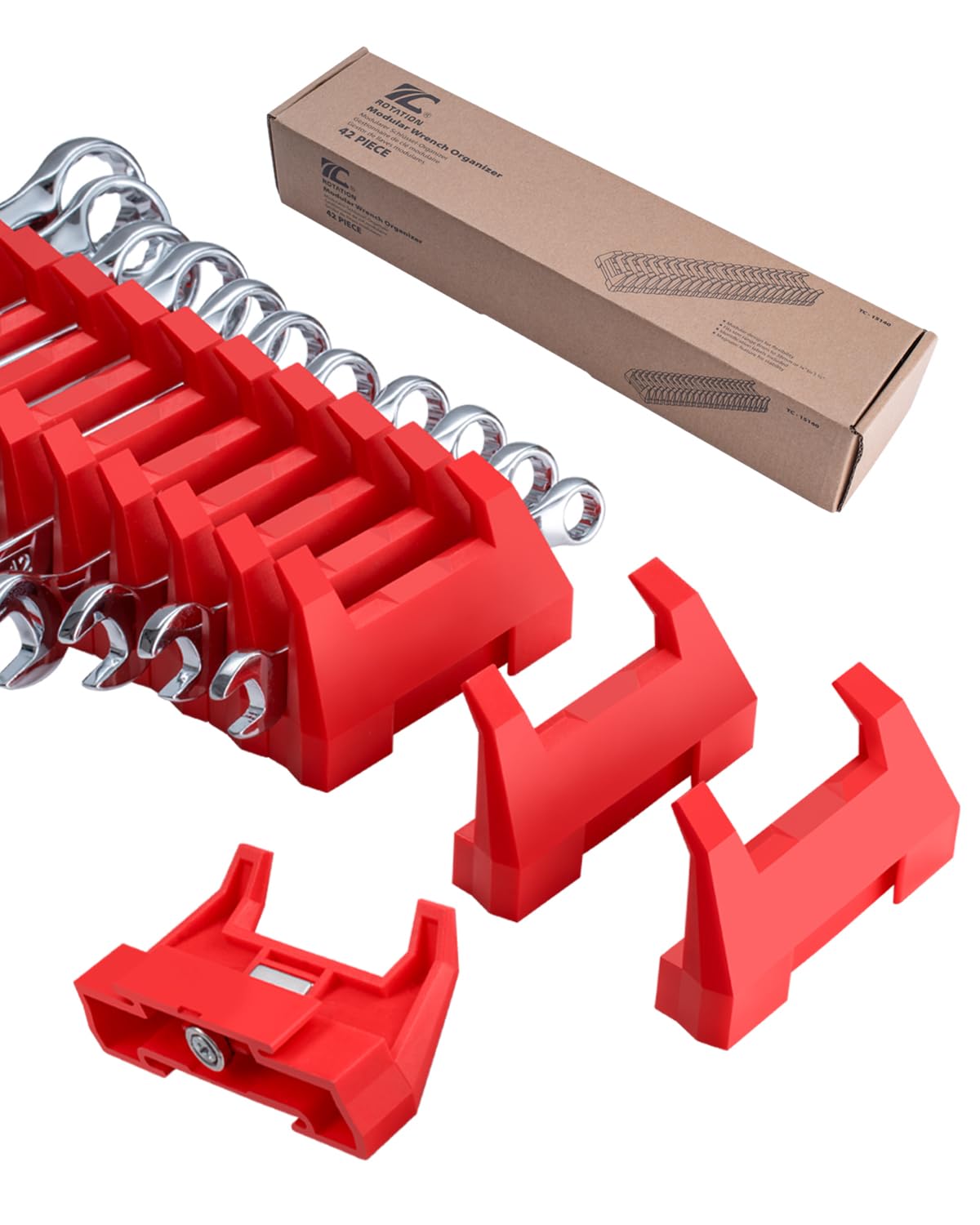 rotation 42pc modular wrench organizer - heavy duty tool box drawer insert with sae metric labels, professional mechanics tool storage system, expandable grid holder