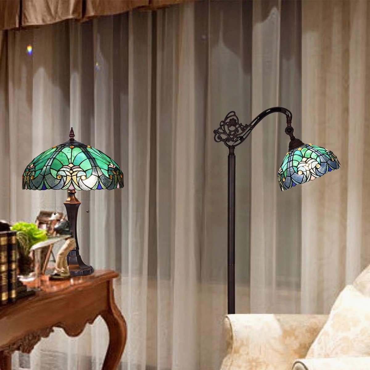 Tiffany Table Lamp and Reading Floor Lamp for Living Room and Bedrom Stained Glass Lamp Shade Set of 2
