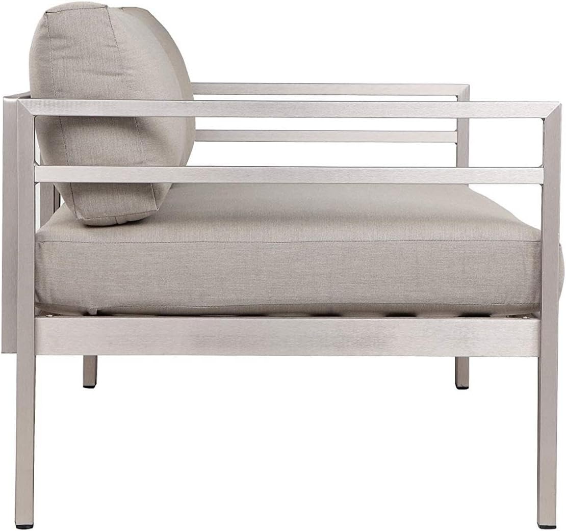 Pemberly Row 4-Piece Modern Outdoor Aluminum Sofa Set, Gray Finish, Water Resistant Cushions, Anodized Aluminum Frame, Includes Sofa, Chairs, Coffee Table, Durable and Fade Resistant Patio Furniture