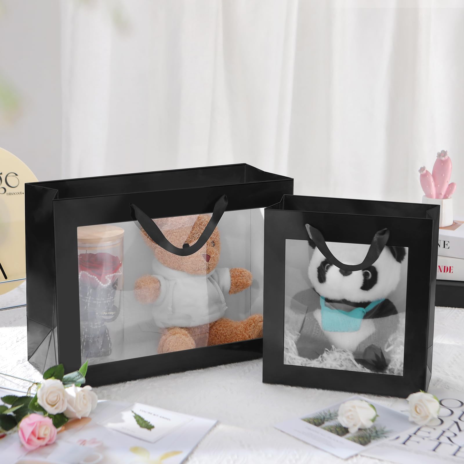PACKQUEEN 12 czarnych torebek prezentowych z przezroczystym okienkiem, bardzo duże torebki na prezenty z uchwytami, na ślub, ukończenie szkoły, walentynki, Dzień Matki, festiwale, przyjęcie, prezent