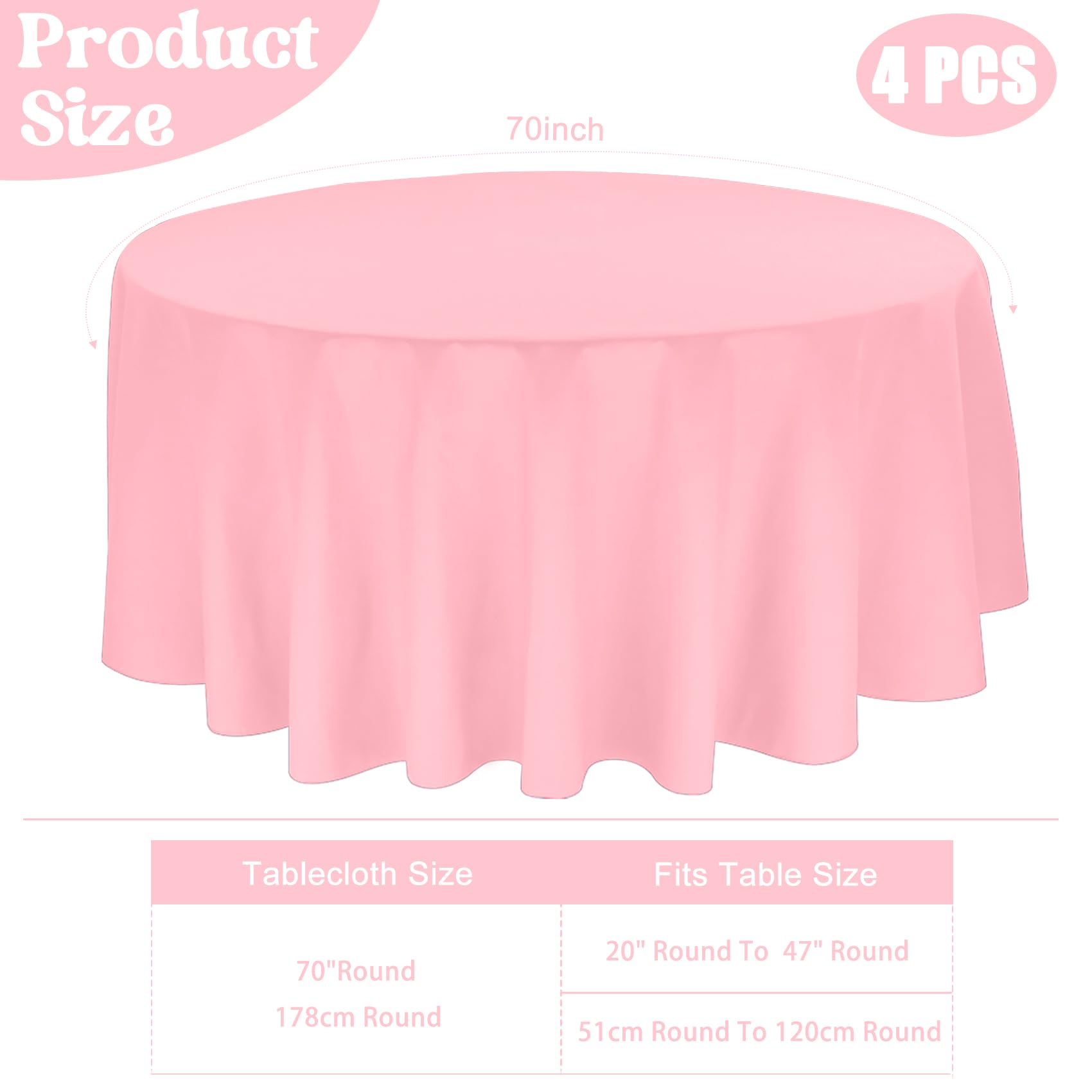 JALANCY 4 Pack Round Tablecloth 70 Inch Pink Polyester Round Table Cover for Round Tables Washable Decorative Fabric Table Covers for Wedding Dining Table Buffet Parties Banquet Decor
