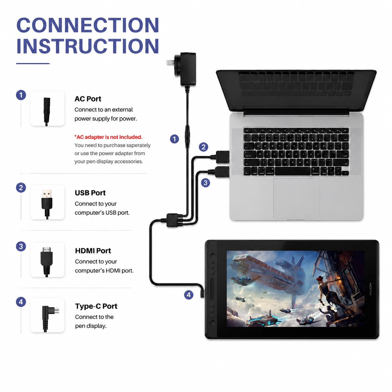 Cable 3 en 1 solo para monitor de dibujo gráfico Huion KAMVAS Pro 12/13/16