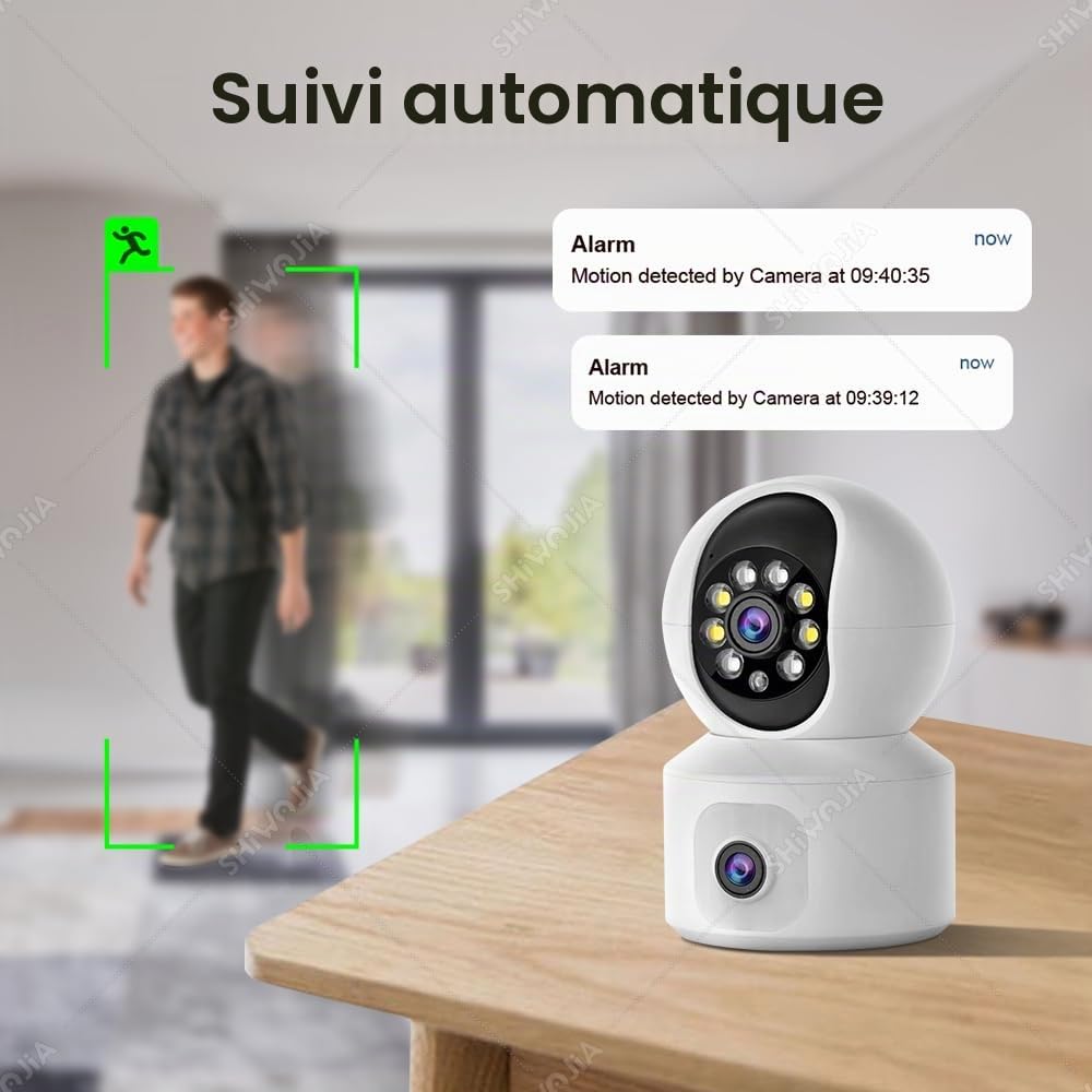 SHIWOJIA 2K 4MP Caméra Surveillance WiFi Intérieure, PTZ 360° Caméra avec Double Objectif, Vision Nocturne Intelligente, Détection de Personne et Suivi Auto, Audio Bidirectionnel