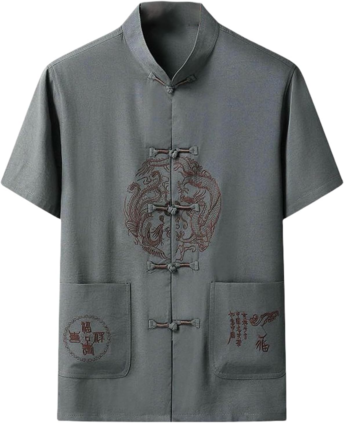 Men's Summer Casual Chinese Style Tang Suit Linen Embroidered Short Sleeve Top Lay Buddhist Style