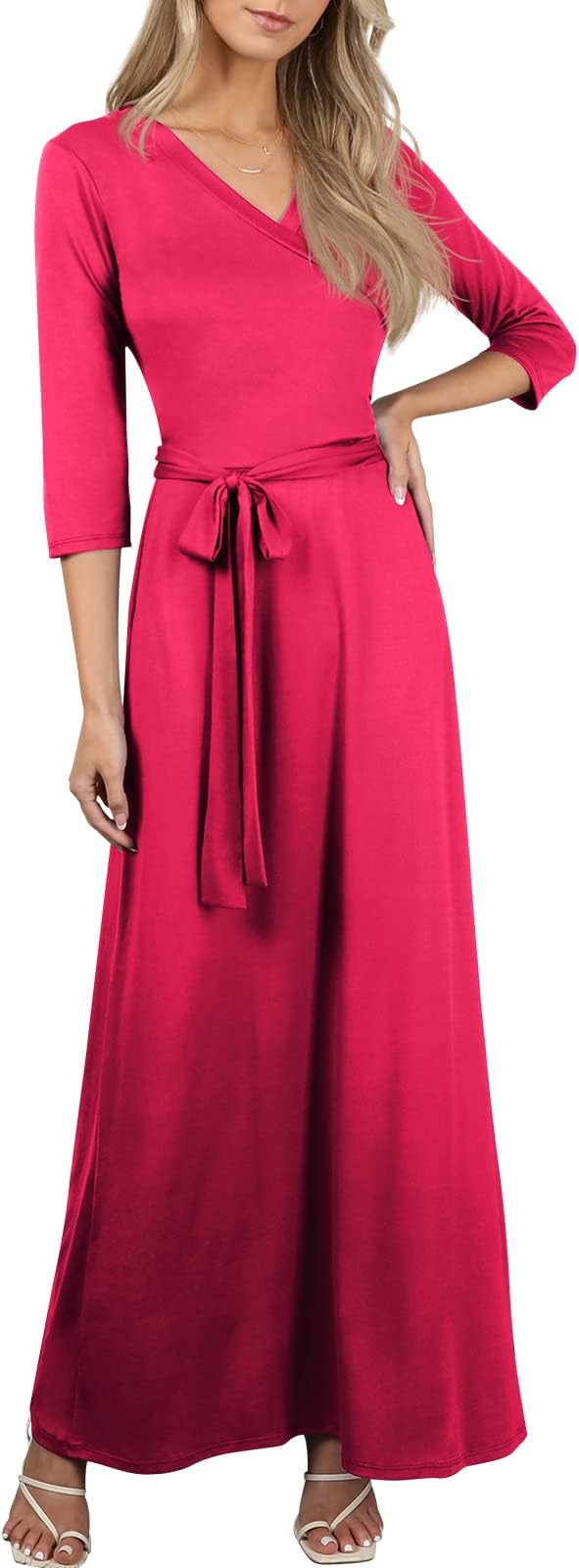 NINEXIS Women's V-Neck 3/4 Sleeve Waist Wrap Front Maxi Dress