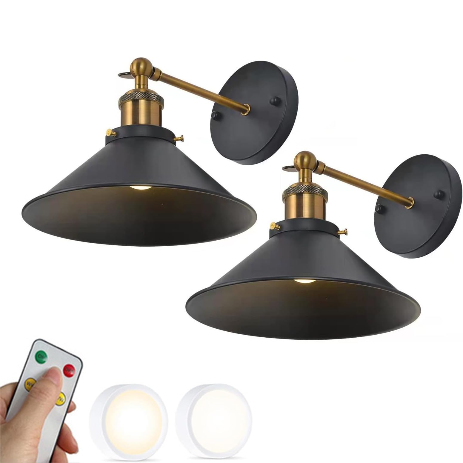 SWEMOPP Battery Operated Black Industrial Wall Sconce Set of 2 Farmhouse Wireless Battery Powered Wall Light with Remote LED Bulb Vintage Bedside Wall Lamp for Bedroom Living Room Headboard
