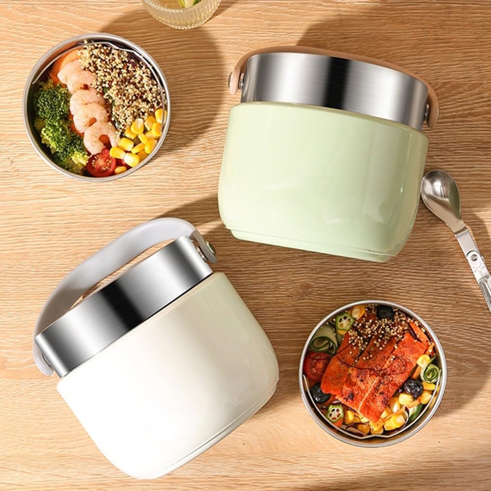 Vakuumisolierter Thermobehälter für Lebensmittel, 1500 ml, mit auslaufsicherem Schraubverschluss und Lebensmitteltrennfächern, Edelstahlschüssel mit faltbarem Löffel (B)