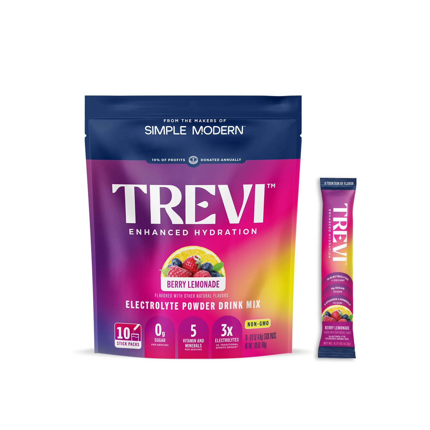 TREVI™ Sugar Free Electrolytes - Drink Mix Hydration Powder Packets - 10 Count - Berry Lemonade