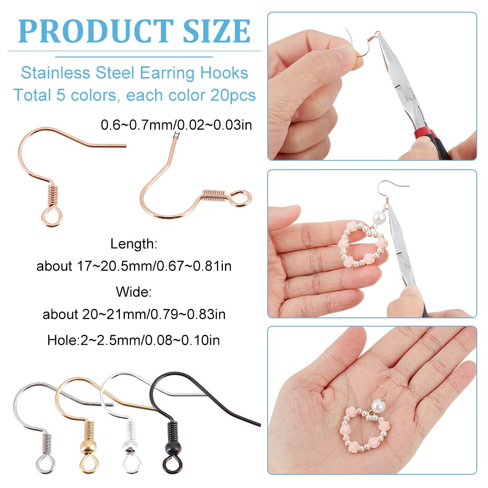 SUNNYCLUE 1 Box 100Pcs 5 Styles Stainless Steel Earring Hooks Fish Hook Earrings 18k Gold Plated French Earwires 925 Sterling Silver Plated Ear Wires Findings for Jewellery Making Earrings Supplies - Image 2