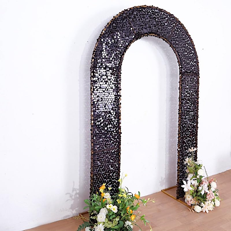 8 feet Black Payette Sequin Fitted Double-Sided U-Shaped Wedding Arch, Round Top Chiara Stand Cover, Spandex Shimmer Tinsel Open Arch Backdrop Stand Cover Wedding Party Events Reception Decorations