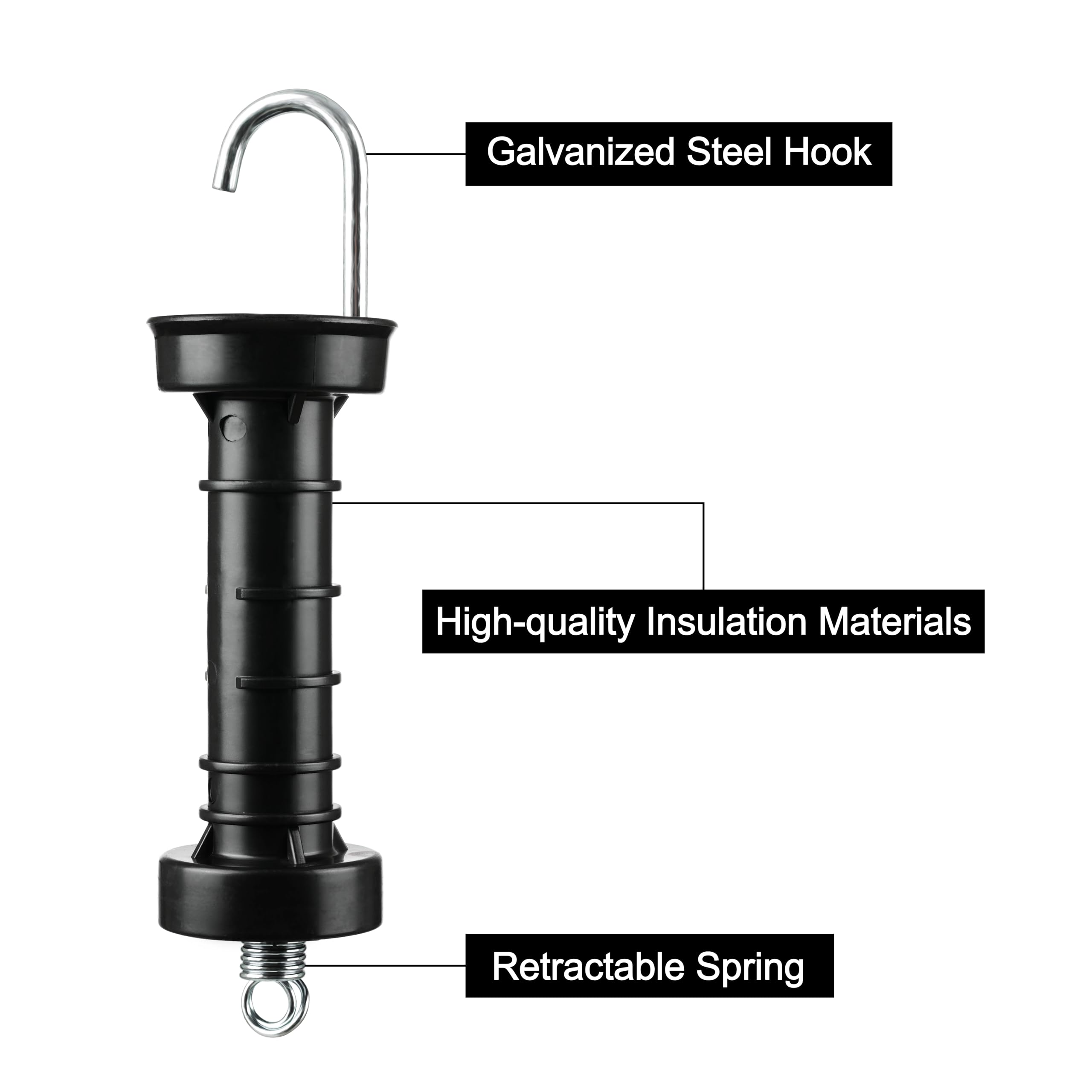 Manijas para Puerta de Valla Eléctrica Negras, Manija Aislada de Plástico Heavy Duty con Gancho Recto Galvanizado